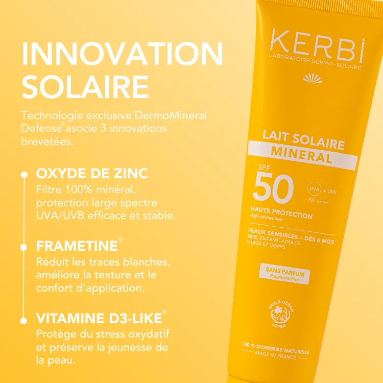 Lait solaire minéral SPF50 - Bébé, Enfant et Adulte