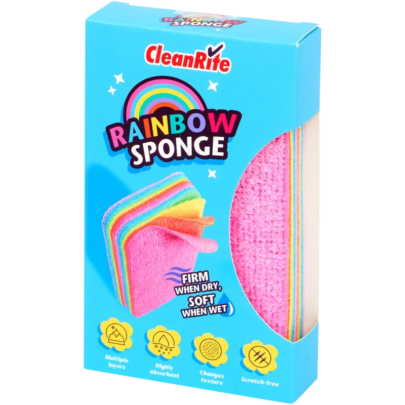 Éponge Arc-en-ciel CleanRite – Éponge de nettoyage multifonctionnelle | Douce comme mouillée, ferme comme sèche | Anti-rayures, absorbante et durable