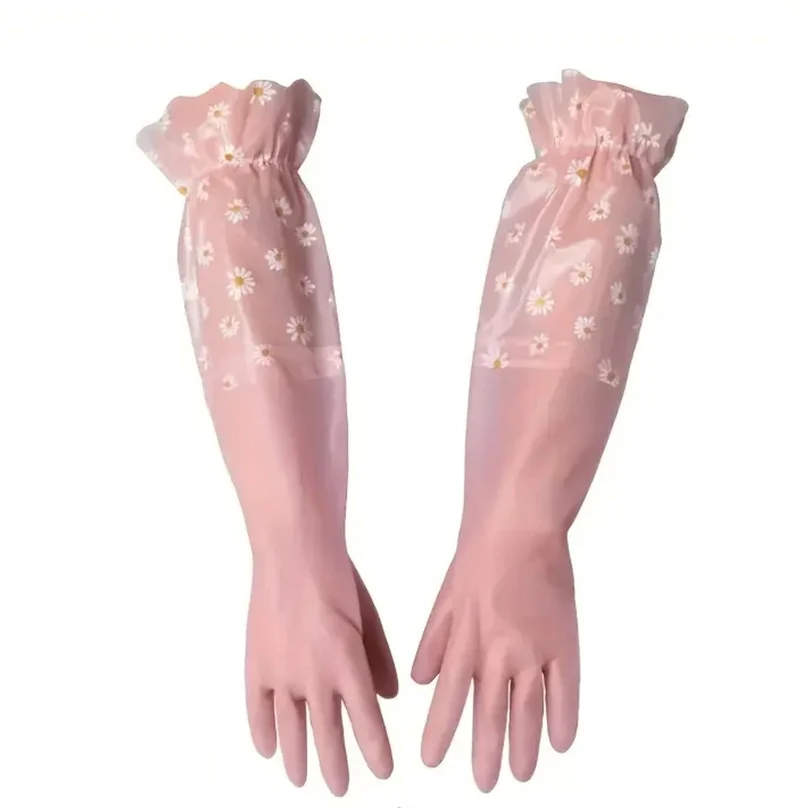 Gants Ménagers Roses à Manches Longues – Gants de Nettoyage Imperméables – Gants de Vaisselle avec Motif Floral pour Nettoyer & Faire la Vaisselle