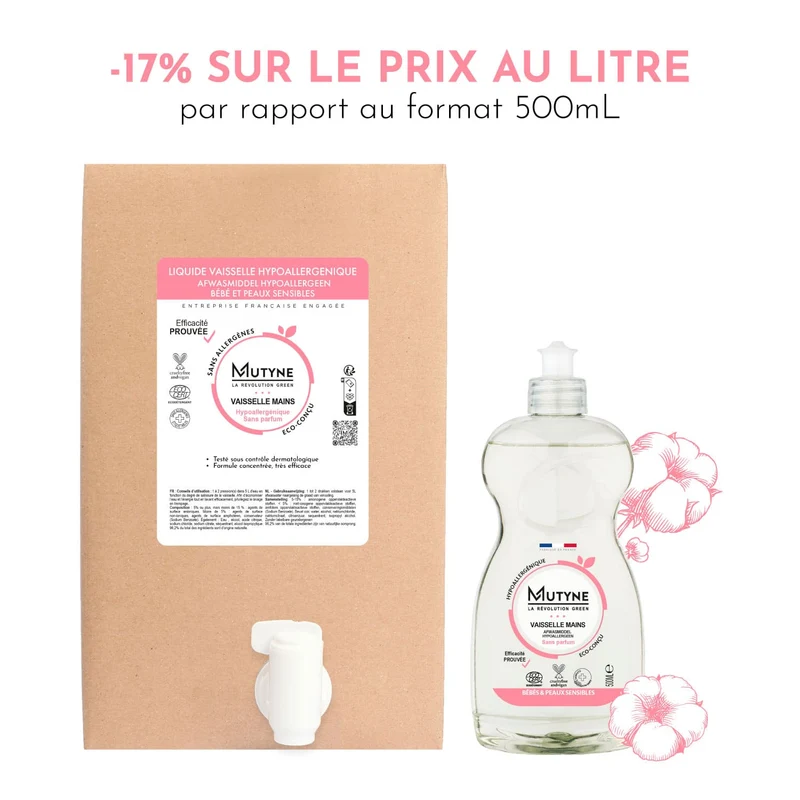 Éco-recharge Liquide vaisselle Hypoallergénique sans parfum 10L