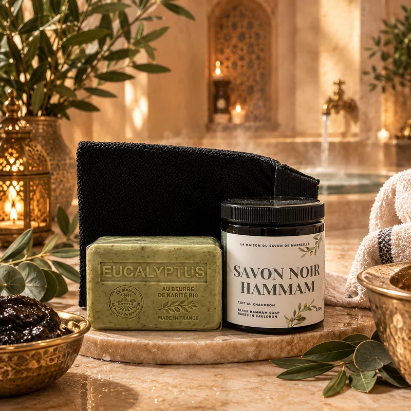 Kit Savon Noir Hammam + Gant de Hammam + Savon parfumé 250g Eucalyptus