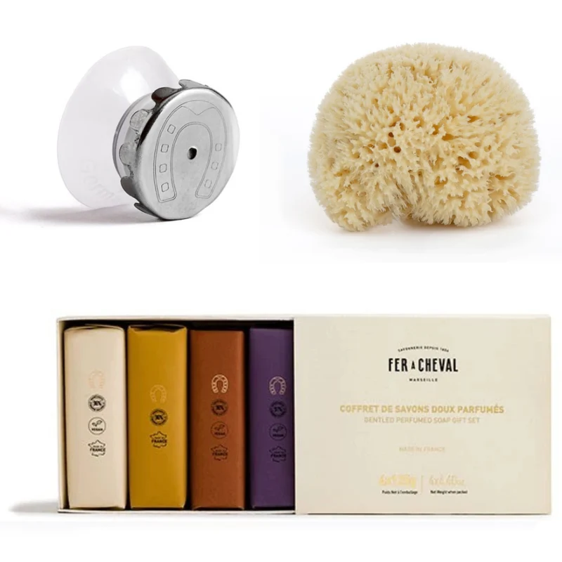 Trio Douche Solide : Coffret 4 Savon Doux, éponge naturelle et Porte Savon