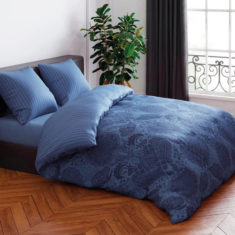 Housse de couette + taie(s) d'oreiller satin de coton - Arles bleu