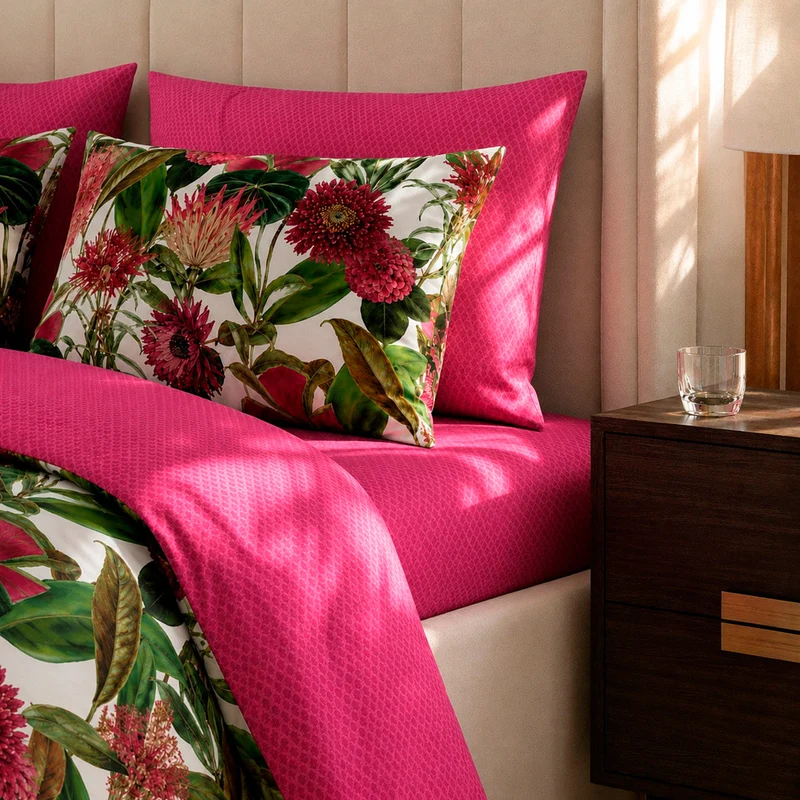 Housse de couette + taie(s) d'oreiller satin de coton - Garden fuchsia