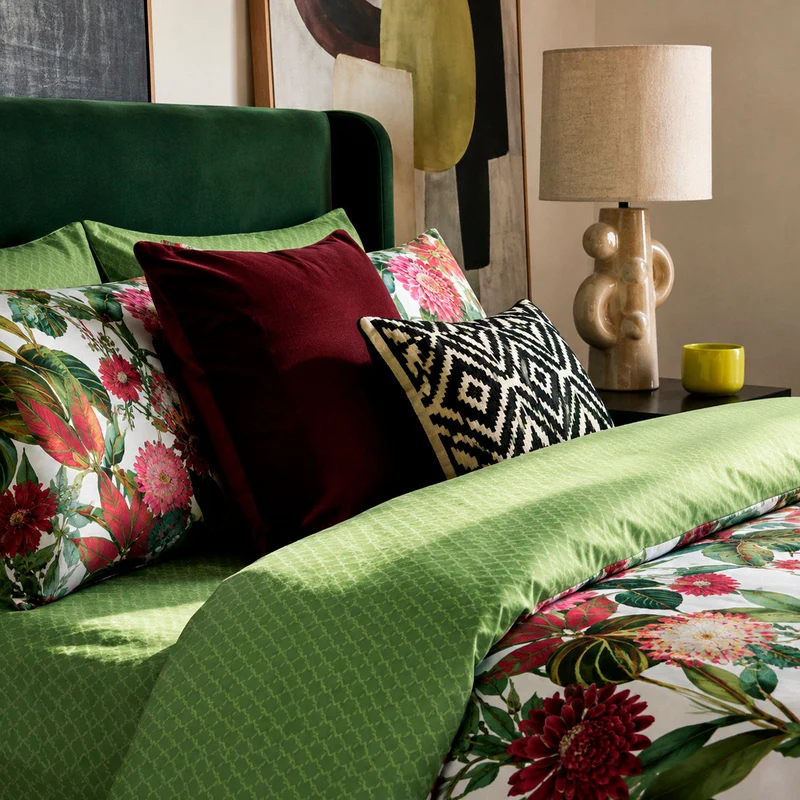 Housse de couette + taie(s) d'oreiller satin de coton - Garden vert