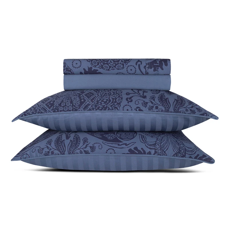 Ensemble de draps : drap-housse, drap plat, taie(s) d'oreiller en satin de coton - dessin Arles bleu