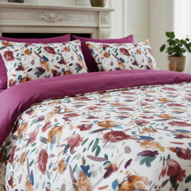 Housse de couette + taie d'oreiller satin de coton - Arty flowers Blanc