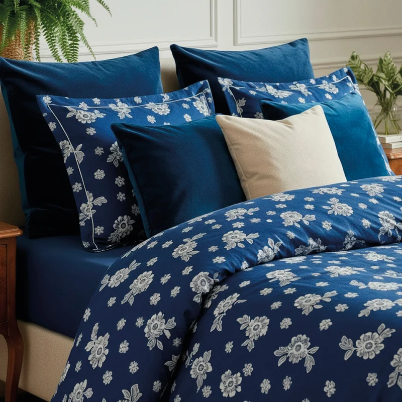 Housse de couette + taie d'oreiller satin de coton - Blossom Bleu foncé