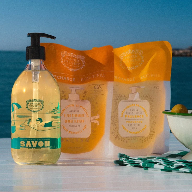 Savon liquide de Marseille Olive Édition limitée 25 ans + 2 recharges - Fleur d'Oranger, Provence