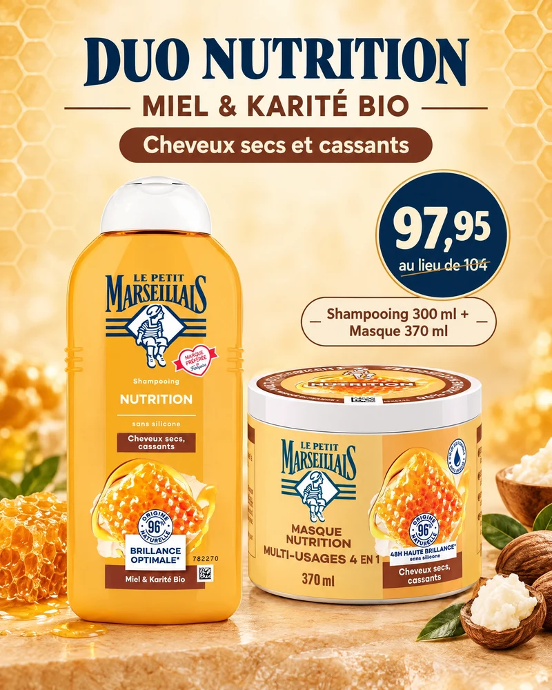 Shampooing Nutrition Miel – Cheveux Secs et Cassants Le Petit Marseillais 300ml+Masque Capillaire Miel & Karité Bio Le Petit Marseillais 370ml