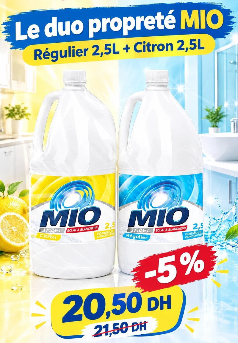 Eau de javel régulier 2,5L + Eau de javel citron 2,5L - MIO