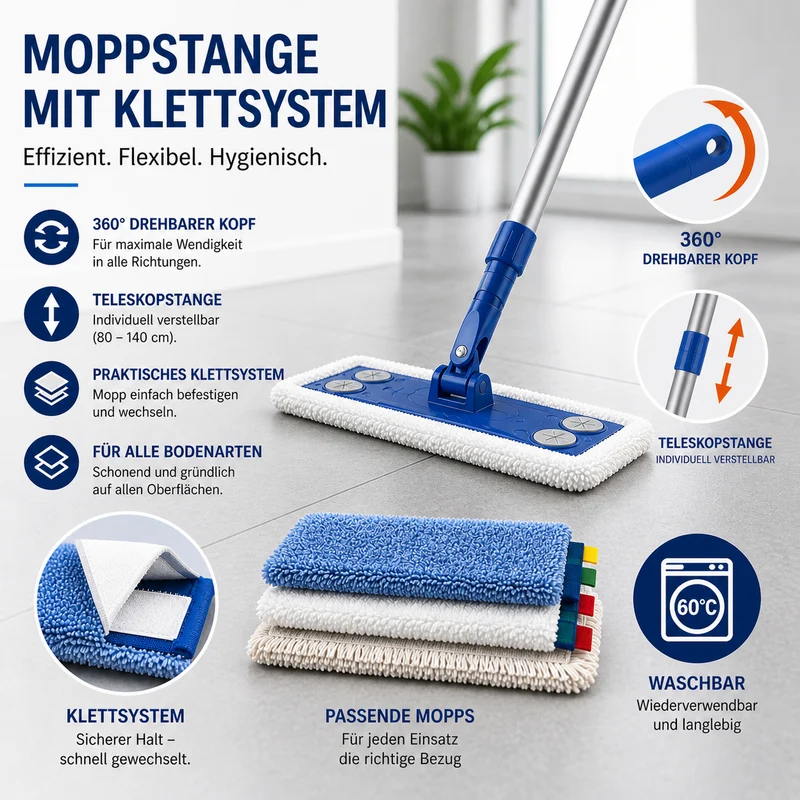 Profi Wischmopp-Set mit Teleskopstiel & 3 Klettmopps