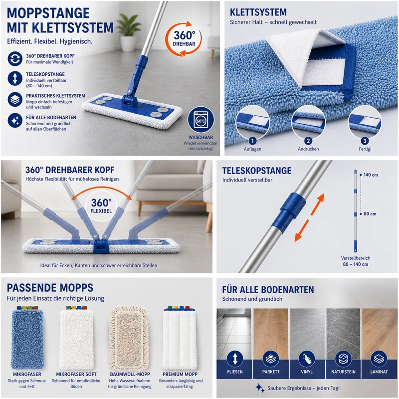 Profi Wischmopp-Set mit Teleskopstiel & 3 Klettmopps