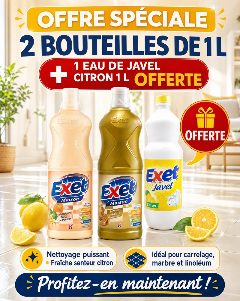 Nettoyant Sol Exet Maison 2X1L= Eau de Javel Citron Exet 1l OFFRE