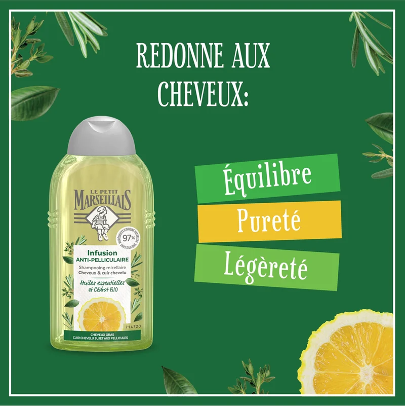 Shampoing Micellaire Infusion Antipelliculaire Huiles Essentielles et Cédrat Bio Le Petit Marseillais 250 ml