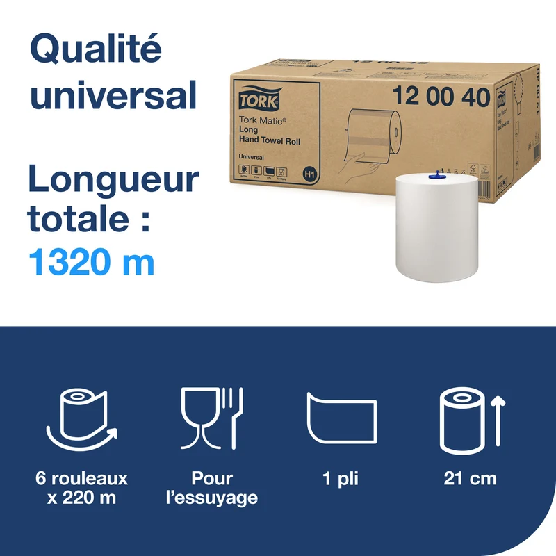 ESSUIE-MAINS ROULEAU TORK MATIC® UNIVERSAL H1 BLANC 220M 1 PLI ECOLABEL X6