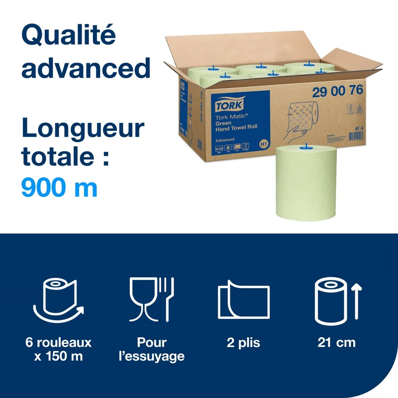 ESSUIE-MAINS ROULEAU TORK MATIC® ADVANCED H1 VERT 150M 2 PLIS ECOLABEL X6