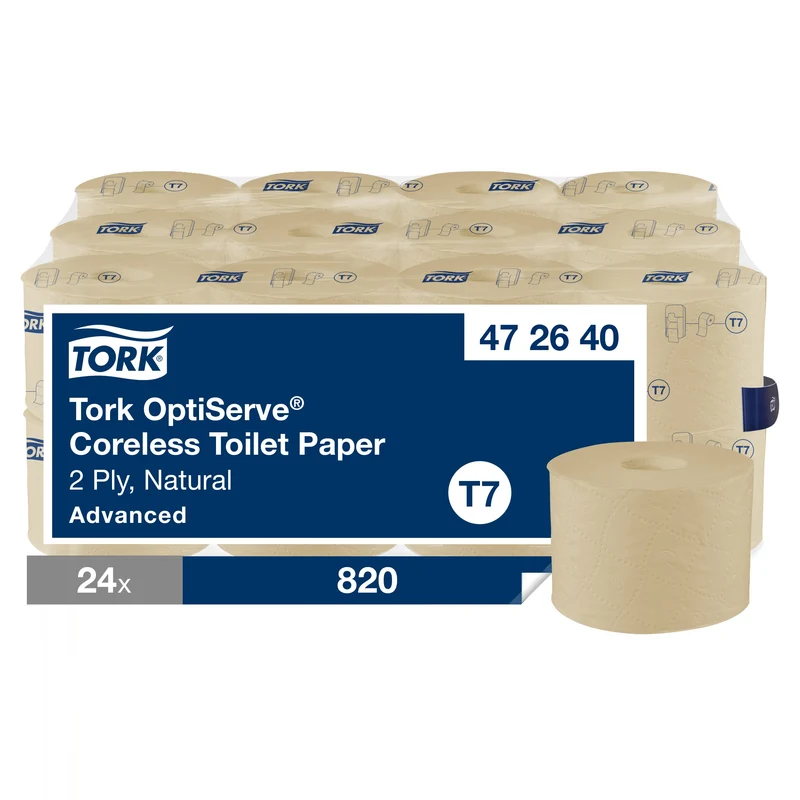 PAPIER TOILETTE PETIT ROULEAU TORK® T7 ADVANCED NATUREL SANS MANDRIN 820 FORMATS 2 PLIS ECOLABEL X24