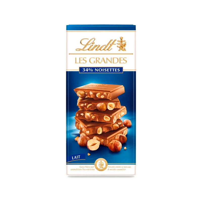 LINDT Tablette LES GRANDES Lait 34% Noisettes 150g -B123