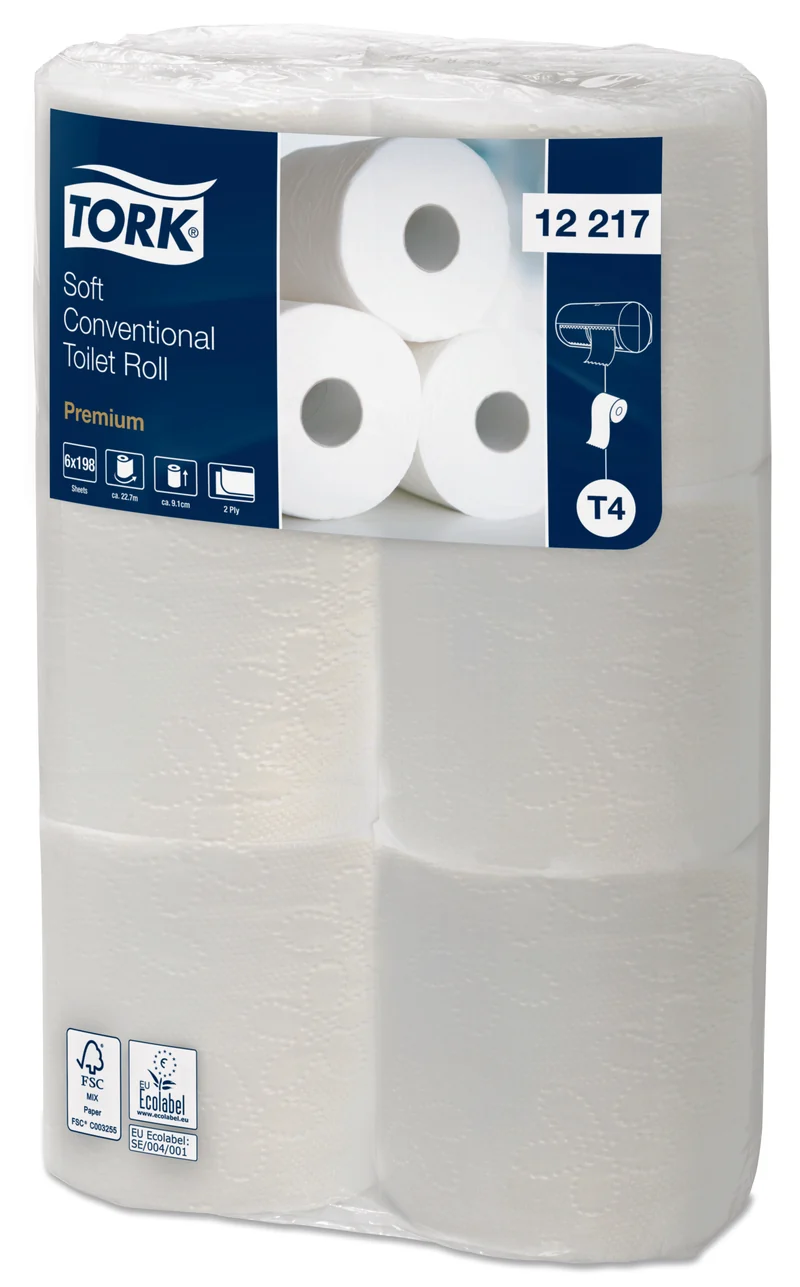 PAPIER TOILETTE PETIT ROULEAU TORK® T4 BLANC 200 FORMATS 2 PLIS ECOLABEL X72