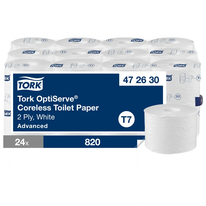 PAPIER TOILETTE PETIT ROULEAU TORK® T7 ADVANCED BLANC SANS MANDRIN 820 FORMATS 2 PLIS ECOLABEL X24