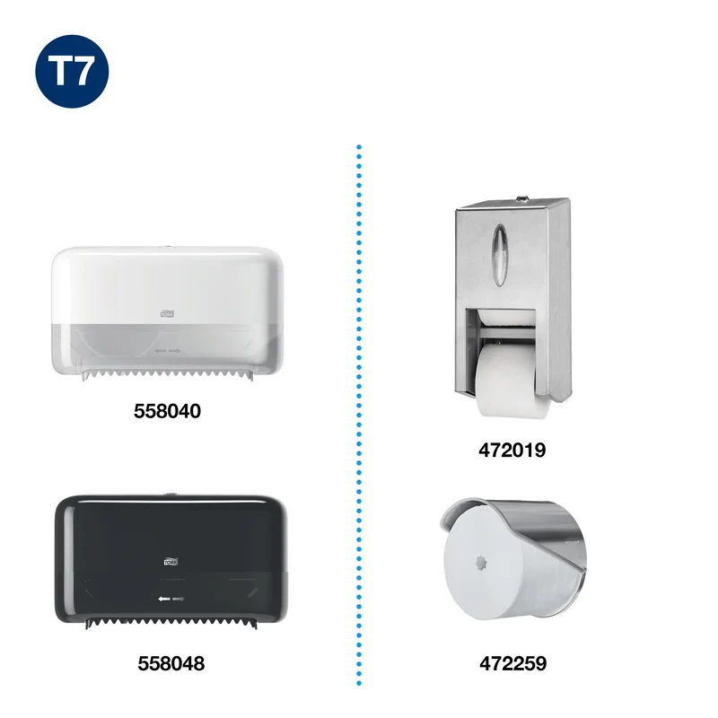 PAPIER TOILETTE PETIT ROULEAU TORK® T7 ADVANCED BLANC SANS MANDRIN 820 FORMATS 2 PLIS ECOLABEL X24