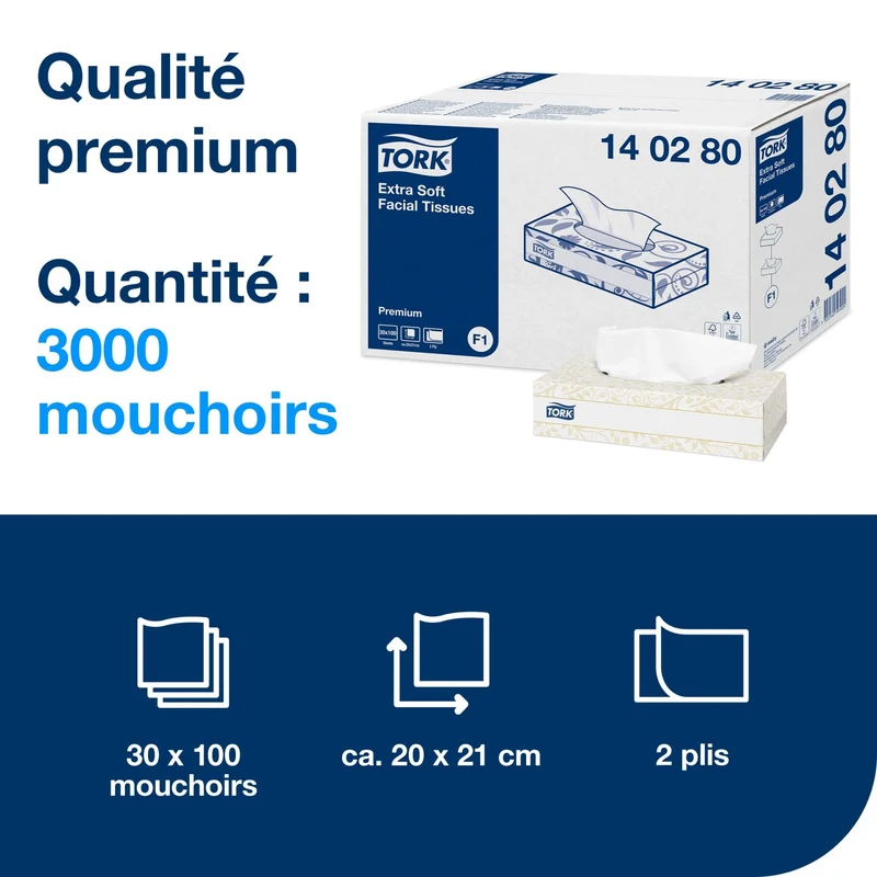 MOUCHOIRS BOÎTE RECTANGLE TORK® PREMIUM F1 BLANC 100 FORMATS 2 PLIS ECOLABEL X30