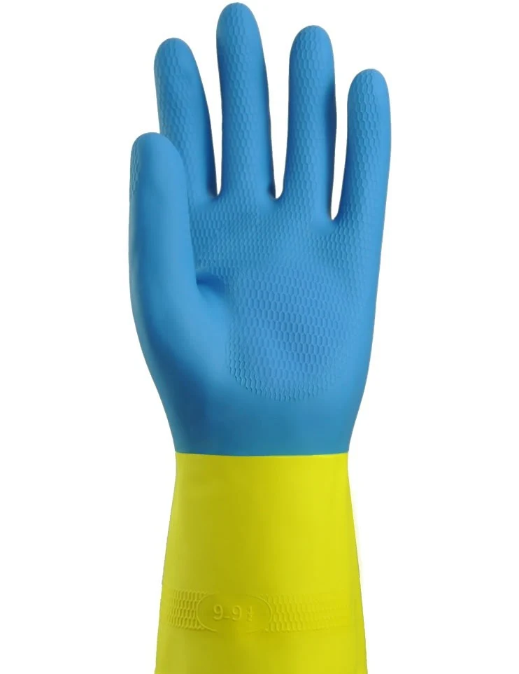 Gant de ménage latex flocké bicolore bleu/jaune