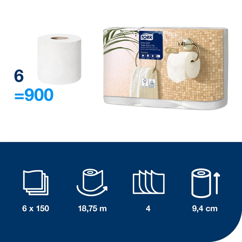 PAPIER TOILETTE PETIT ROULEAU TORK® PREMIUM T4 BLANC 150 FORMATS 4 PLIS ECOLABEL X42