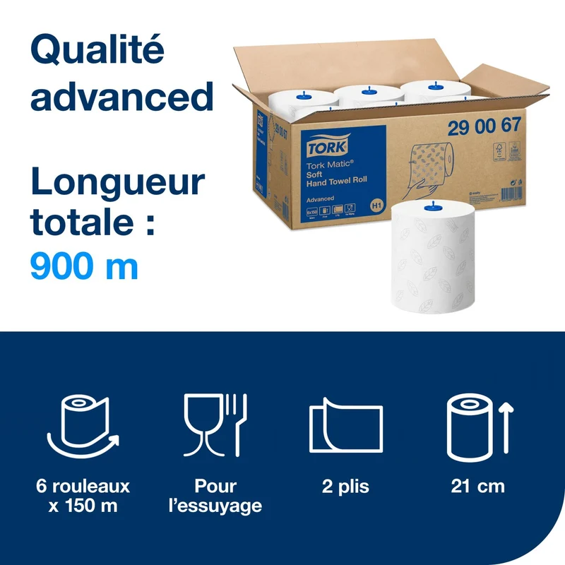 ESSUIE-MAINS ROULEAU TORK MATIC® ADVANCED H1 BLANC 150M 2 PLIS ECOLABEL X6